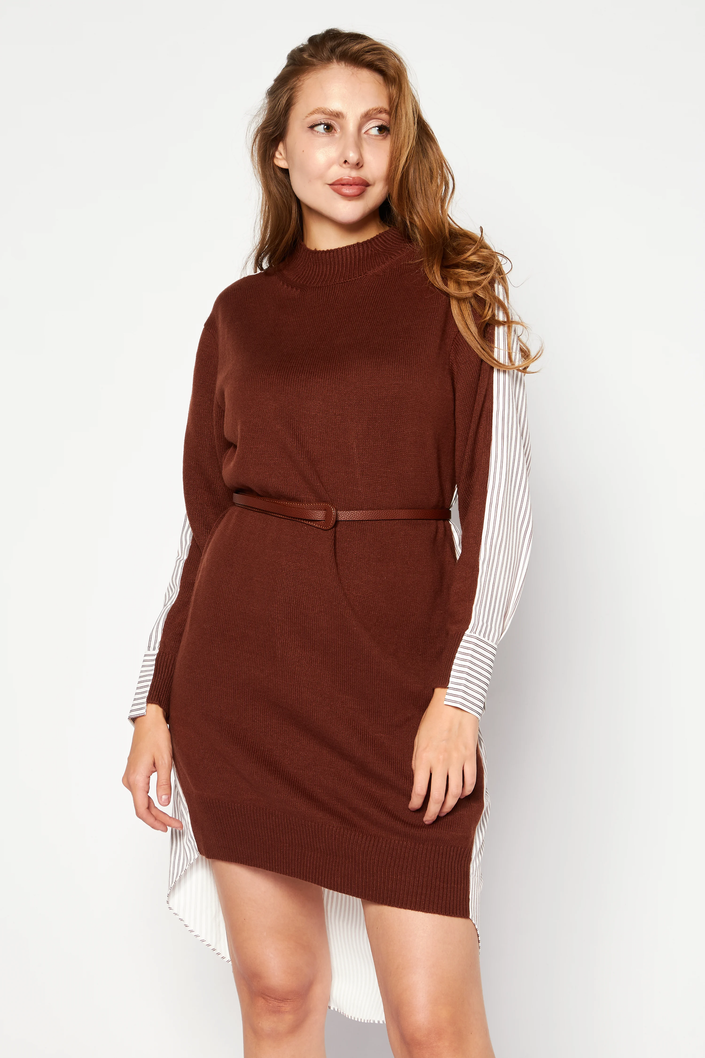 Women Knitted Striped Belted Mini Dress, Brown/White