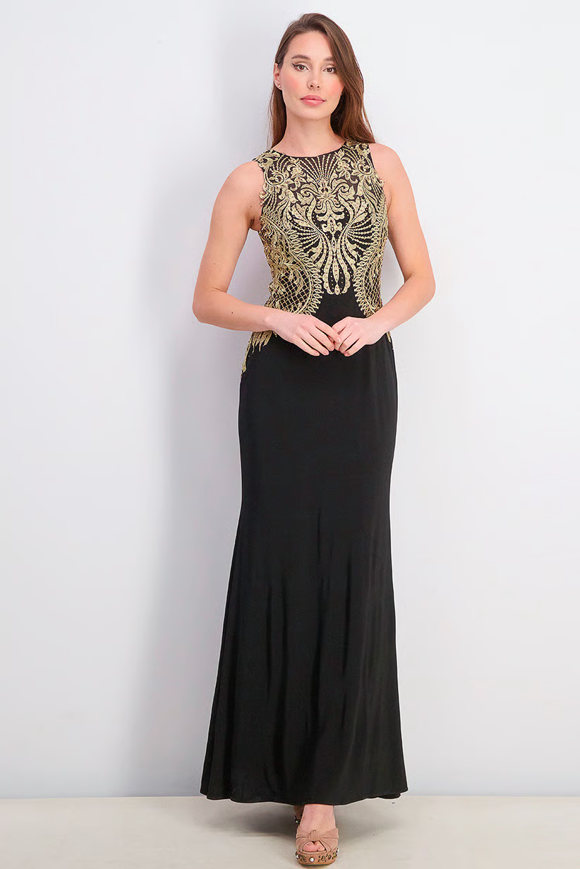 Women Dress Embellished Embroidered Gown, Black Brand Besty Johnson