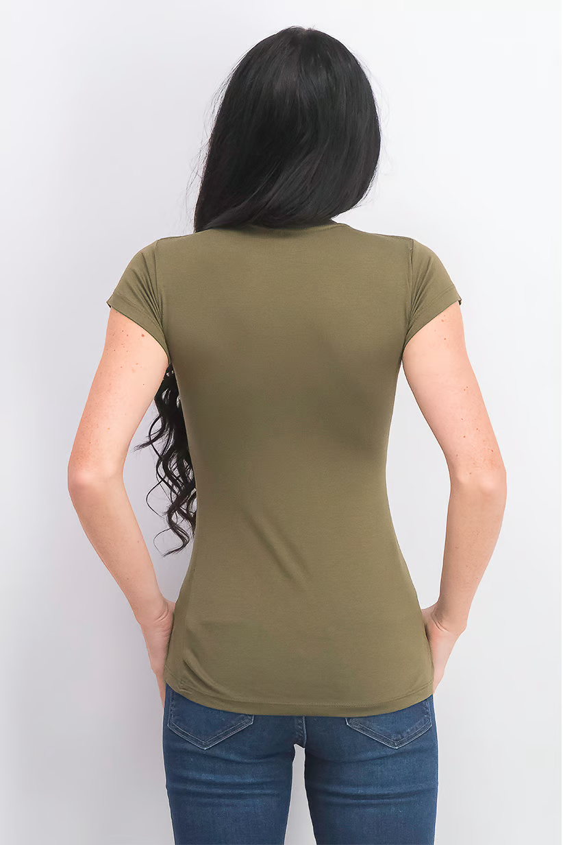 Women Round Neck Short Sleeve Brand Logo T-shirt, Olive Brand: Bebe