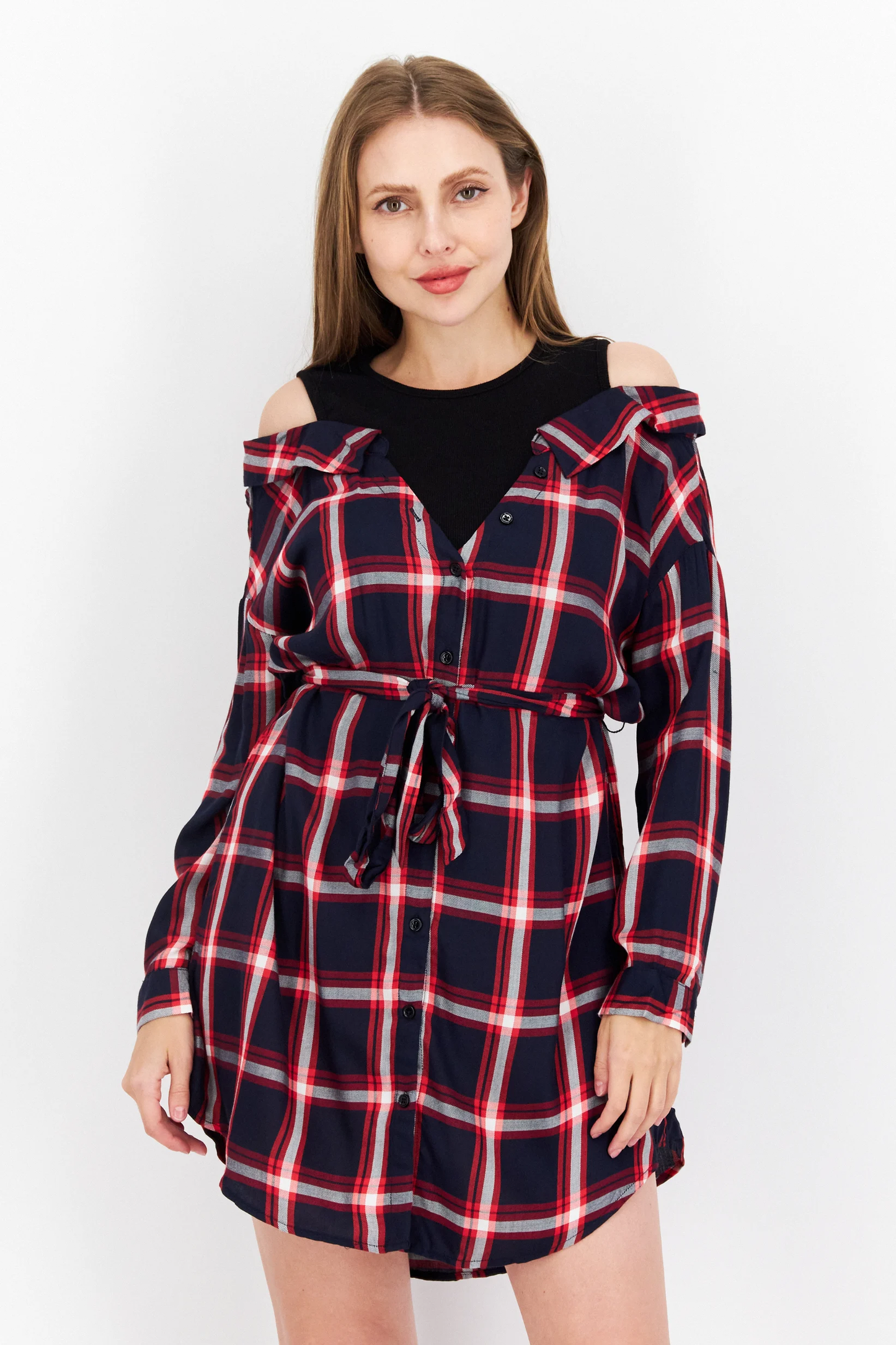Women Round Neck Long Sleeve Plaid Mini Dress, Red/Navy Brand: only