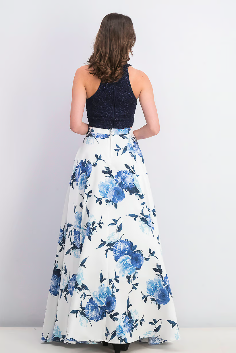 Women Juniors Lace Top and Long Floral Skirt Set, Navy and White