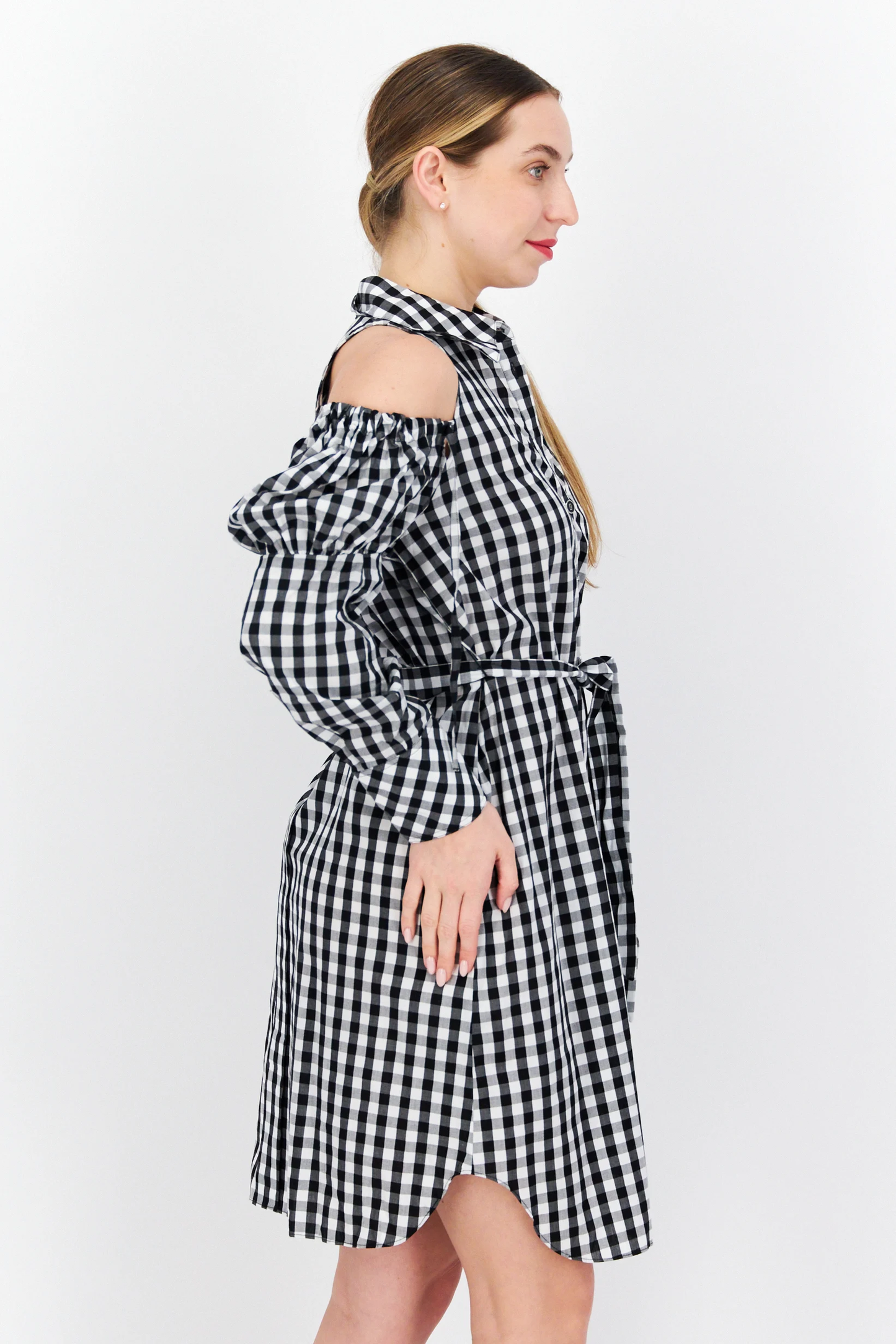 Women Checkered Belted Shirt Dress, White Brand:Only