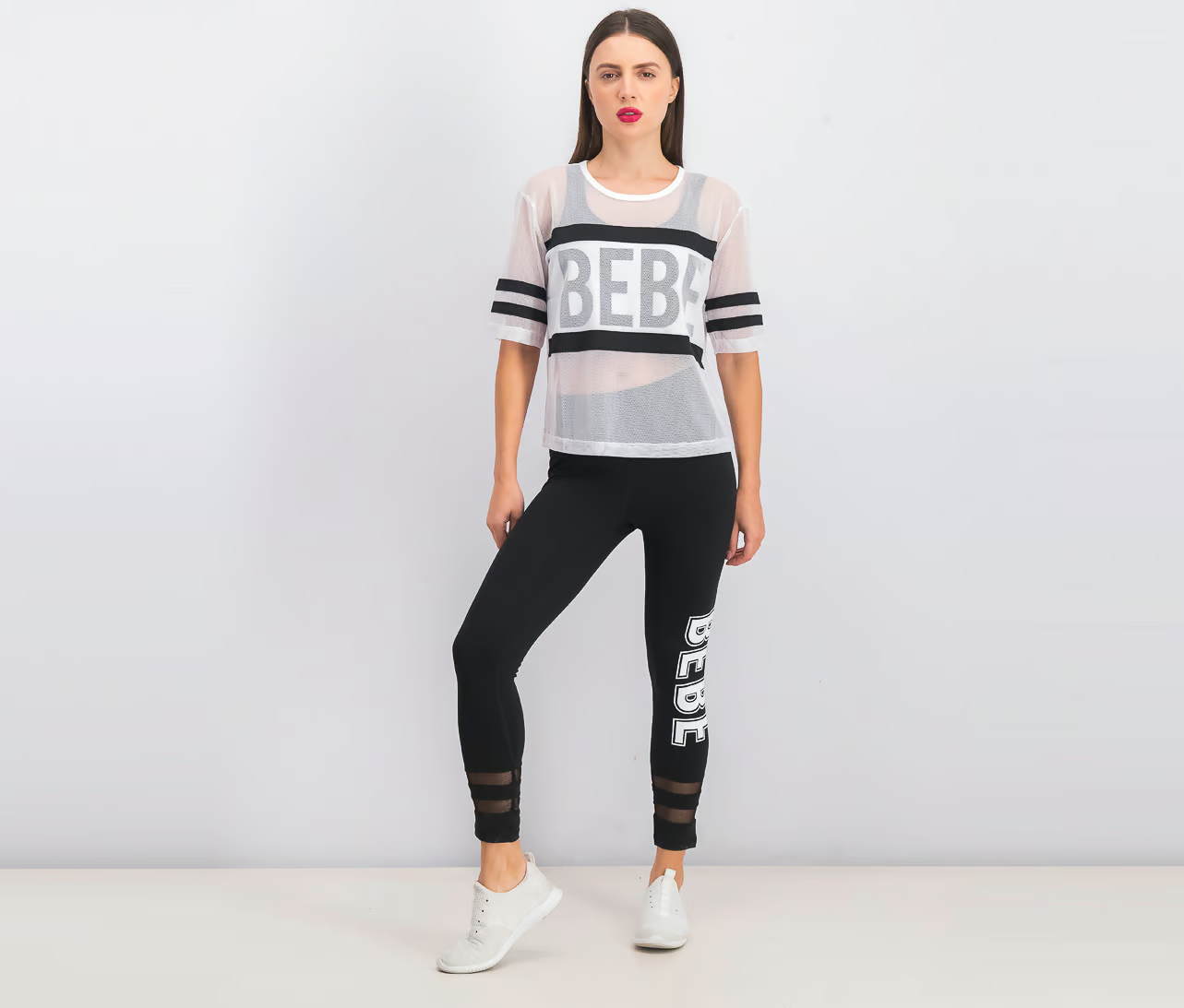 Women Logo Mesh Top, White and Black Brand: Bebe