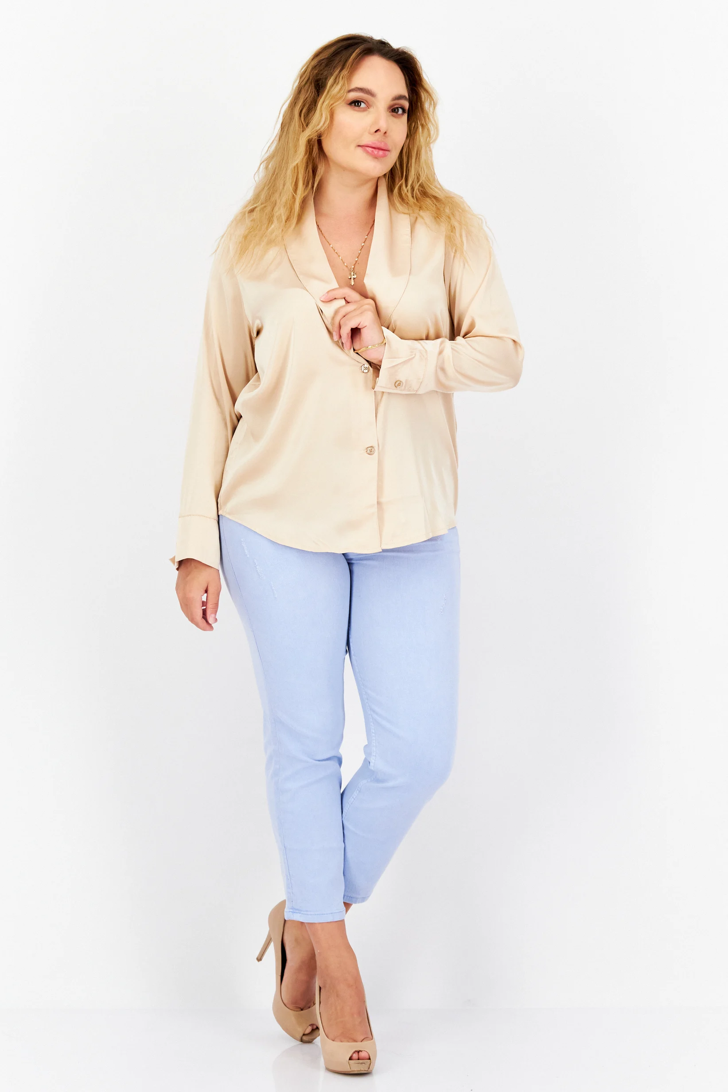 Women Split Neck Long Sleeves Plain Shirts, Beige Brand Bebe
