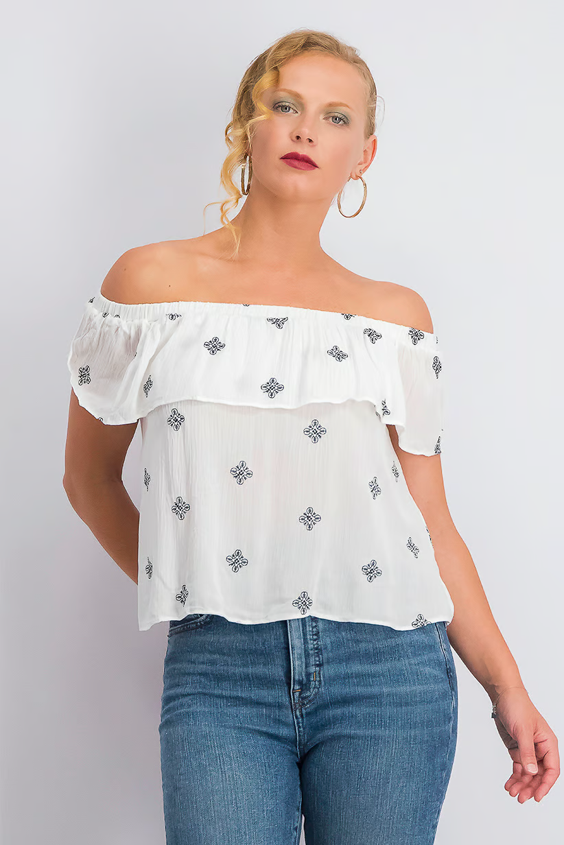 Women Ruffle Overlay Off Shoulder Top, White Brand: House