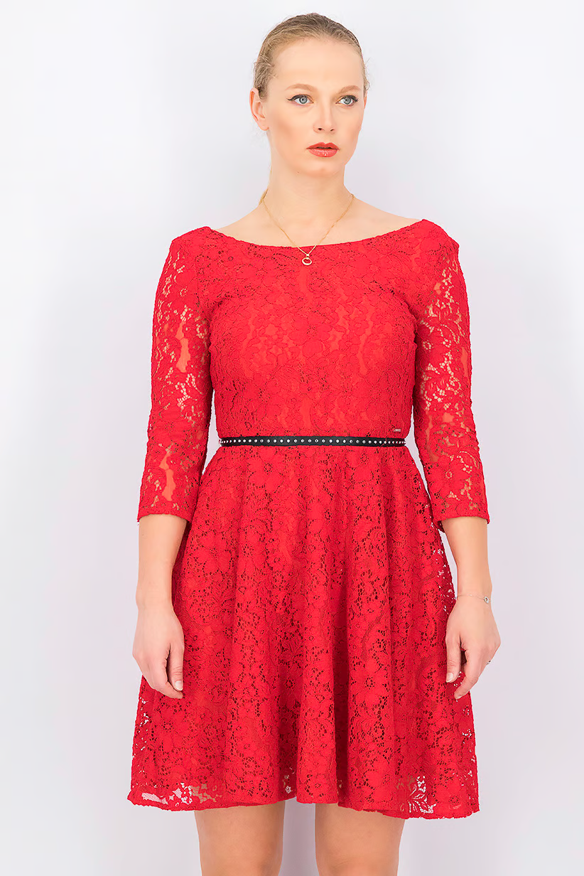 Women Lace Belted Fit and Flare Dress, Red Brand: Guess