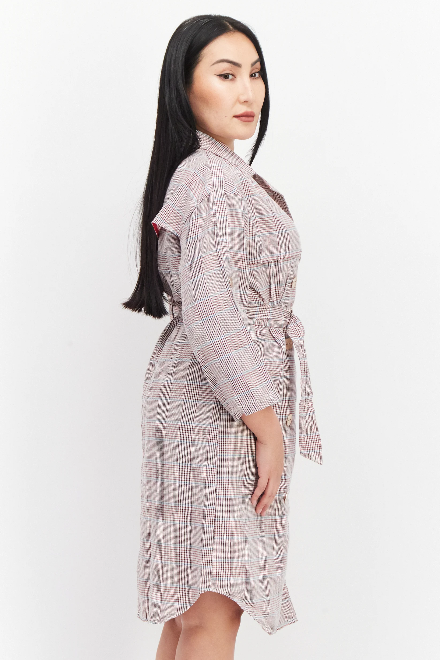 Women Micro Check Belted Mini Dress, Red Brand ;Only