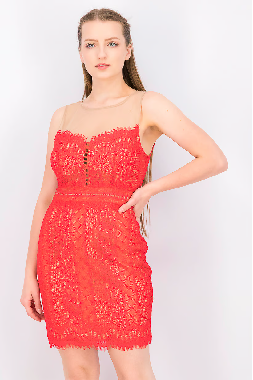 Women Lace Detail Sleeveless Mini Dress, Red Brand: Guess