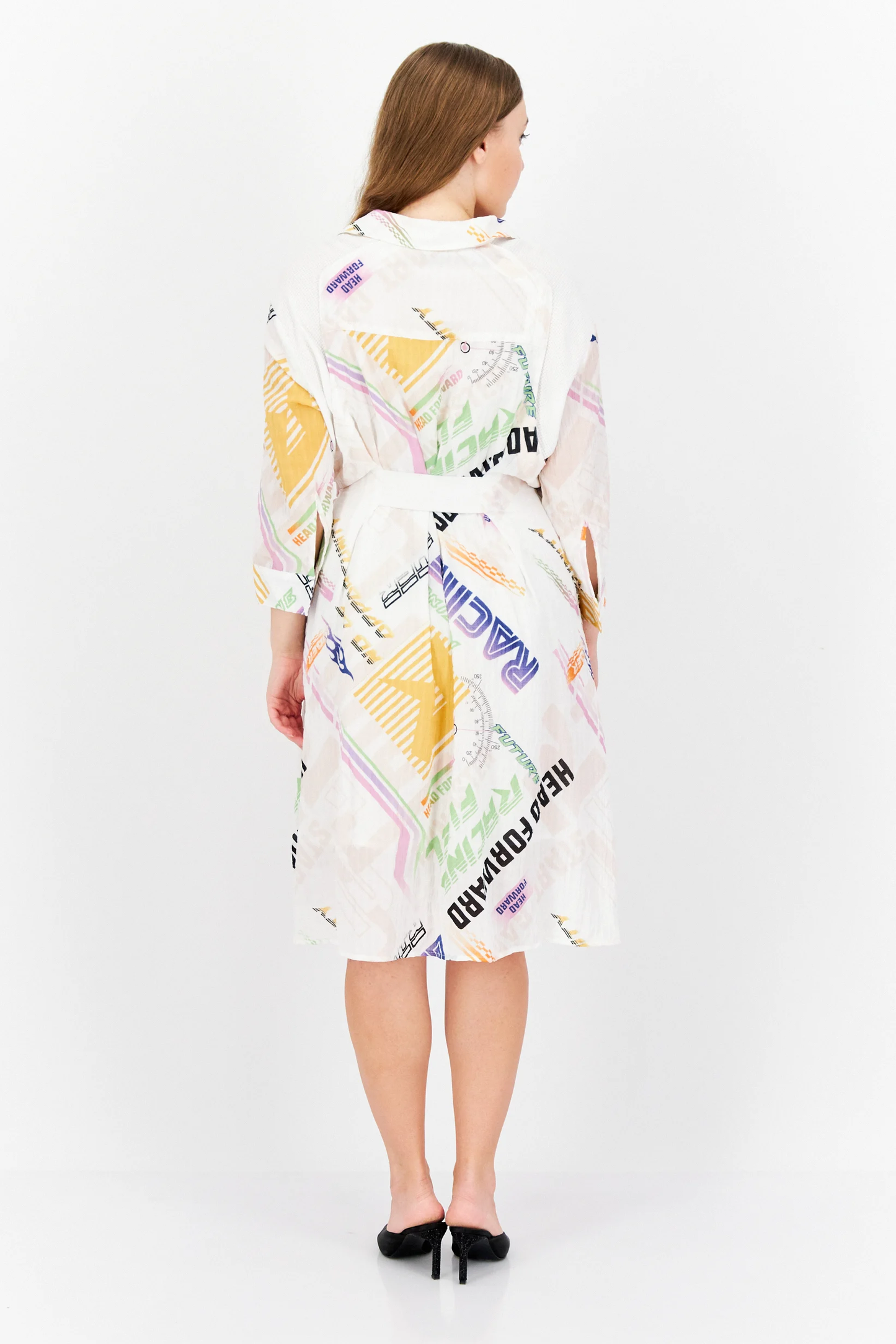 Women Allover Print Belt Tie Shirt Dress, White Combo Brand only