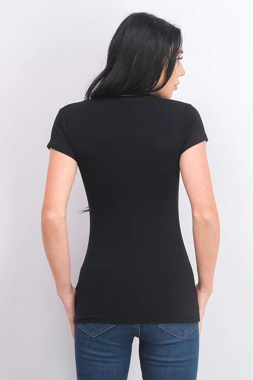 Women Crew Neck Short Sleeve Brand Logo Top, Black Brand: Bebe