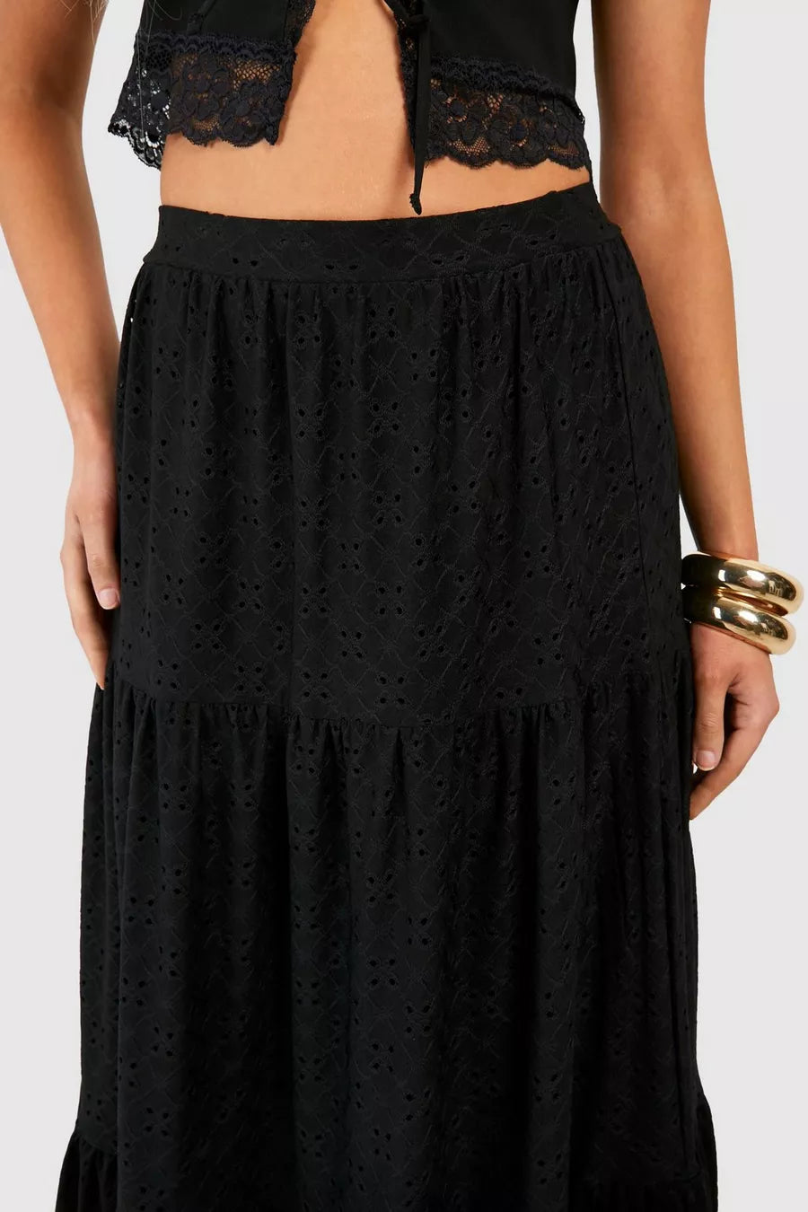 Boohoo Broderie Tiered Maxi Skirt