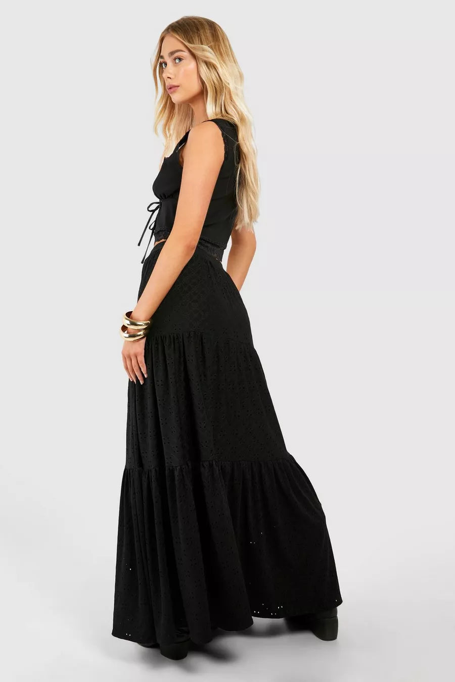 Boohoo Broderie Tiered Maxi Skirt