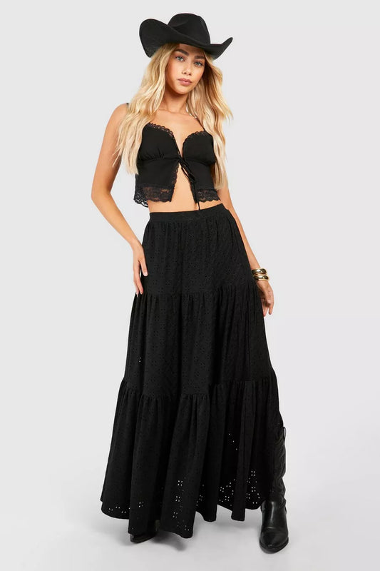 Boohoo Broderie Tiered Maxi Skirt