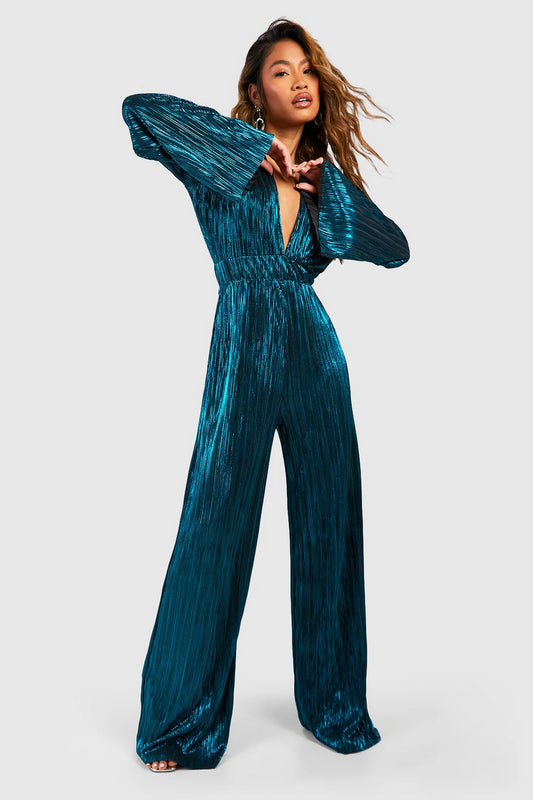 Boohoo Glitter plissee flare jumpsuit